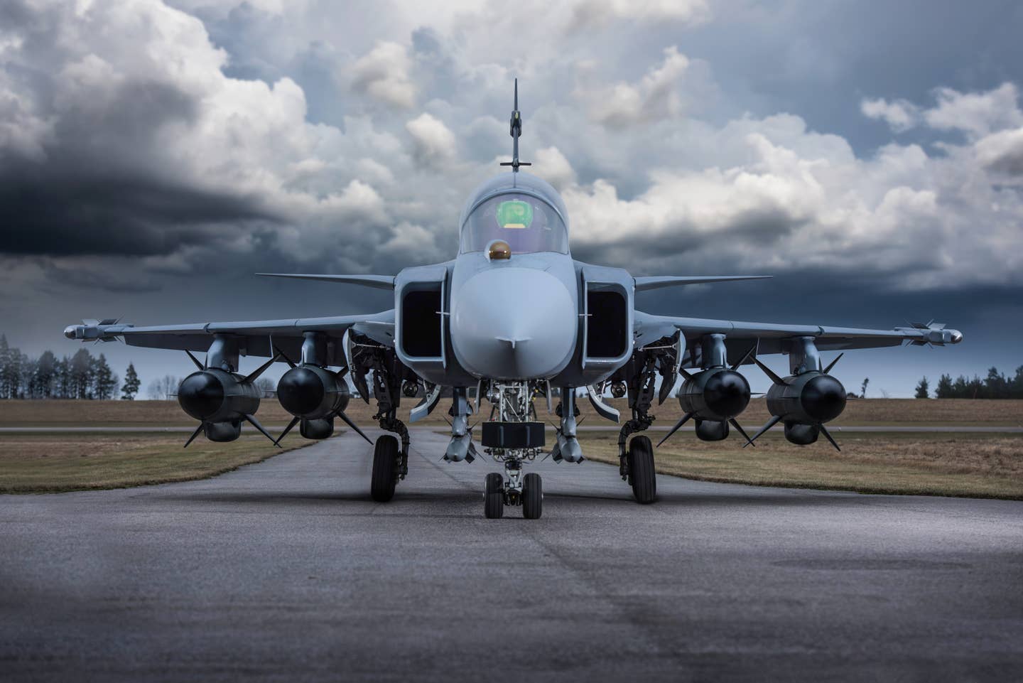 A Gripen E carrying four RBS 15 anti-ship missiles. <em>Saab</em>