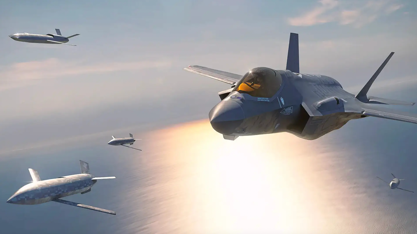 A rendering of an F-35 flying together with multiple types of drones. <em>Lockheed Martin Skunk Works</em>