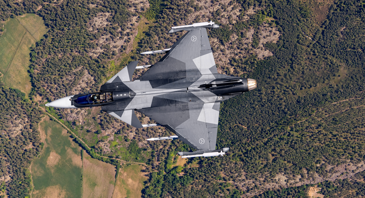 Gripen E serial 6002 with its revised wing platform. <em>Saab</em>