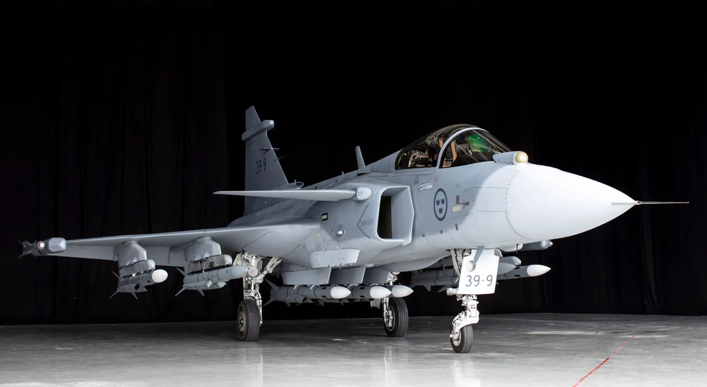 A Gripen E loaded with seven MBDA Meteor and two IRIS-T air-to-air missiles. <em>Saab</em>