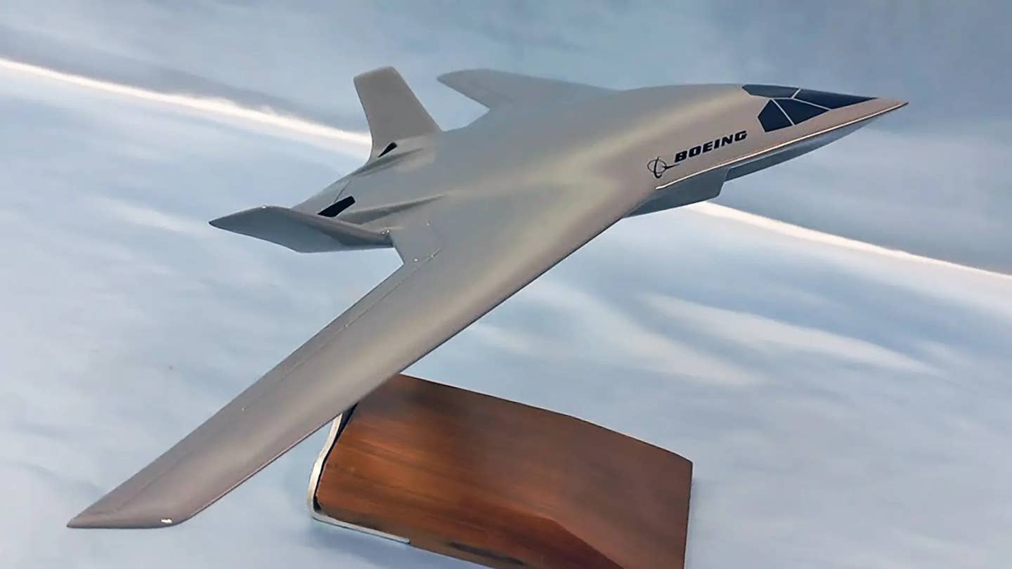 A model depicting the blended wing body concept Boeing unveiled in January 2023. <em>Boeing</em>