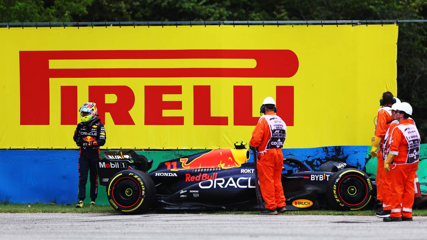 Pérez after crashing during practice for the Hungarian GP. <em>Getty Images</em>