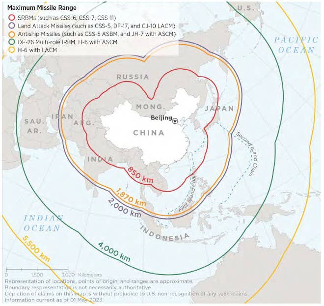 A map showing the range at which China can strike from its territory using existing ground-launched conventional cruise and ballistic missiles, as well as air-launched conventionally-armed cruise missiles. A conventional ICBM would significantly expand its capability in this regard. <em>DOD</em>