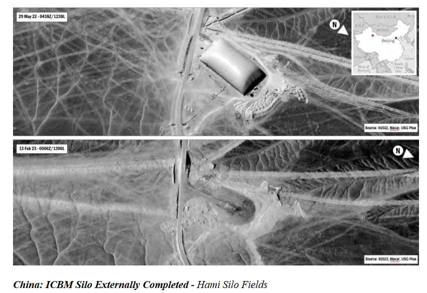 Satellite imagery included in the Pentagon's last annual China report released last year showing what appears to be the completion of work, at least externally, on a new ICBM silo in a field in northwestern China. The lid of the silo is just visible at the center of the image from February 2023. <em>DOD</em>