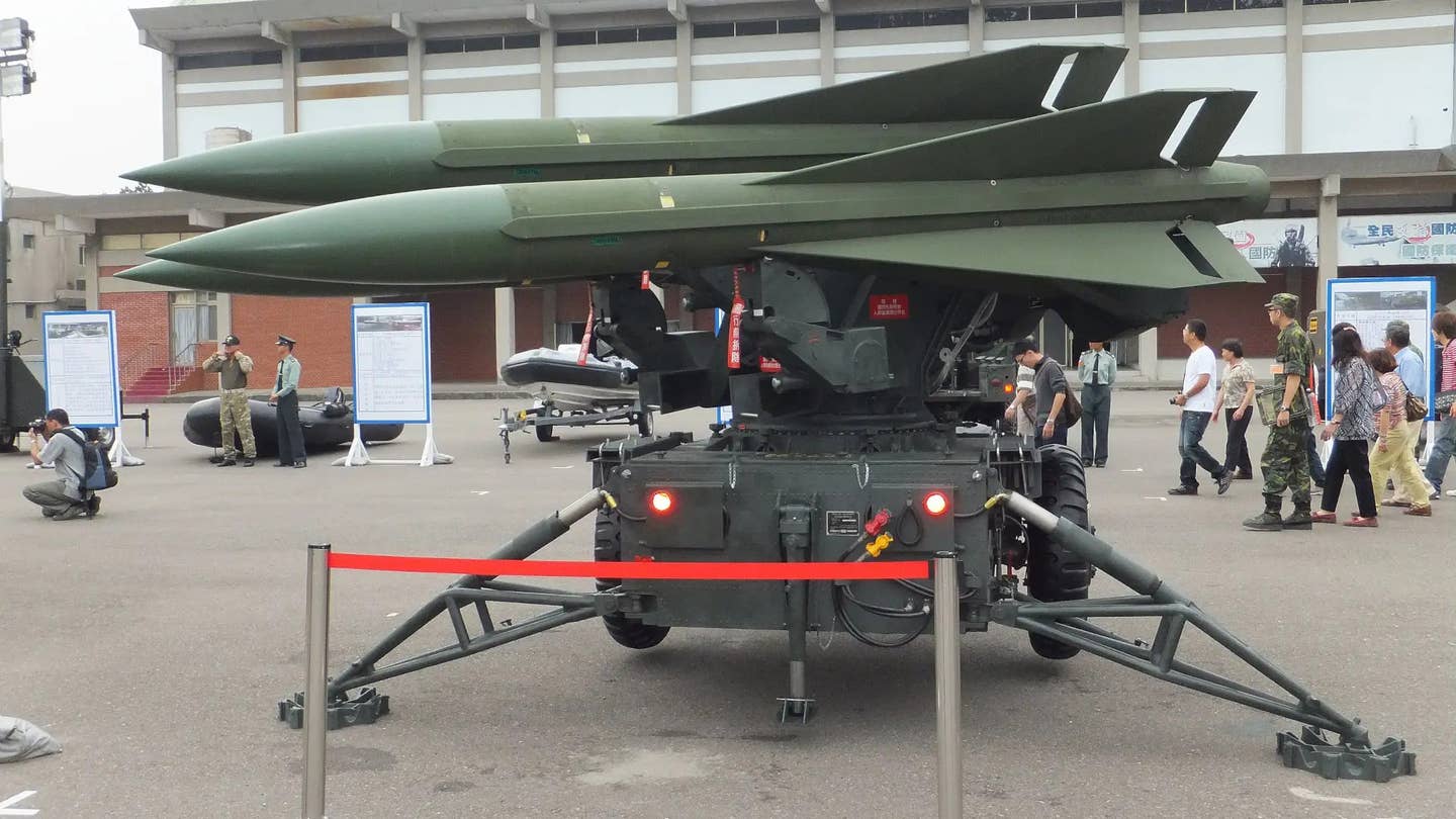 A trio of Hawk missiles on a trailer-mounted launcher on display during a public event in Taiwan in 2011. <em>玄史生 via Wikimedia </em>