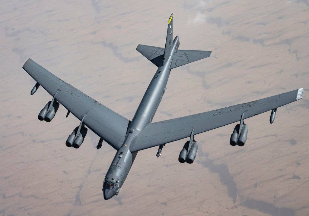 An older picture of a B-52 with just one white wing tip. <em>USAF</em>