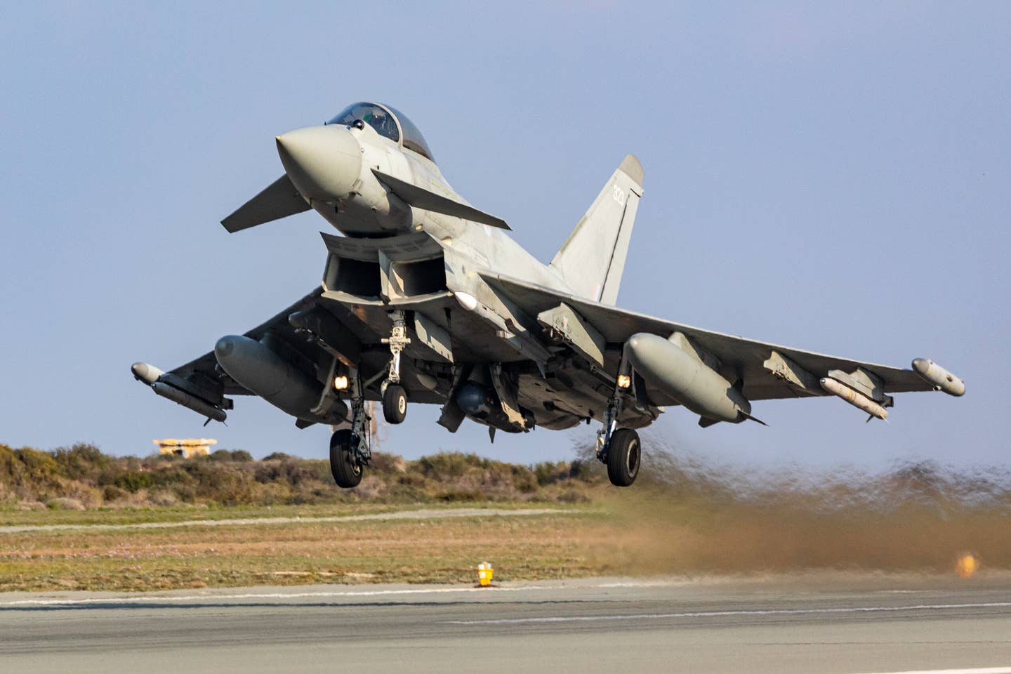 A U.K. Royal Air Force Typhoon fighter takes off from RAF Akrotiri, Cyprus. <em>Crown Copyright</em>