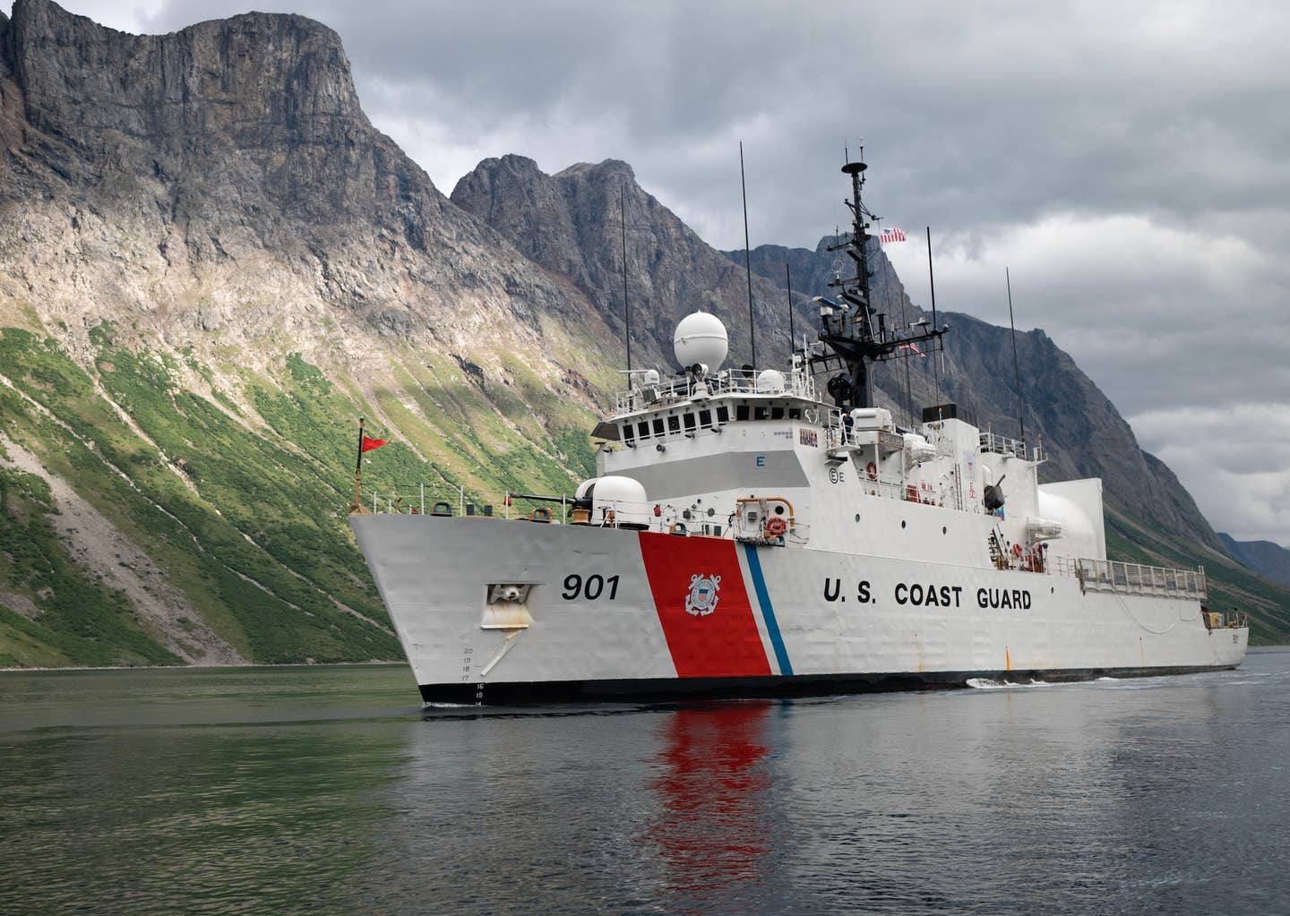 <em>Famous</em> class USCGC <em>Bear</em> medium-endurance cutte<strong>r</strong> transits out of Torngat National Park, Canada, during Operation Nanook, August 9, 2022. <em>U.S. Coast Guard </em>