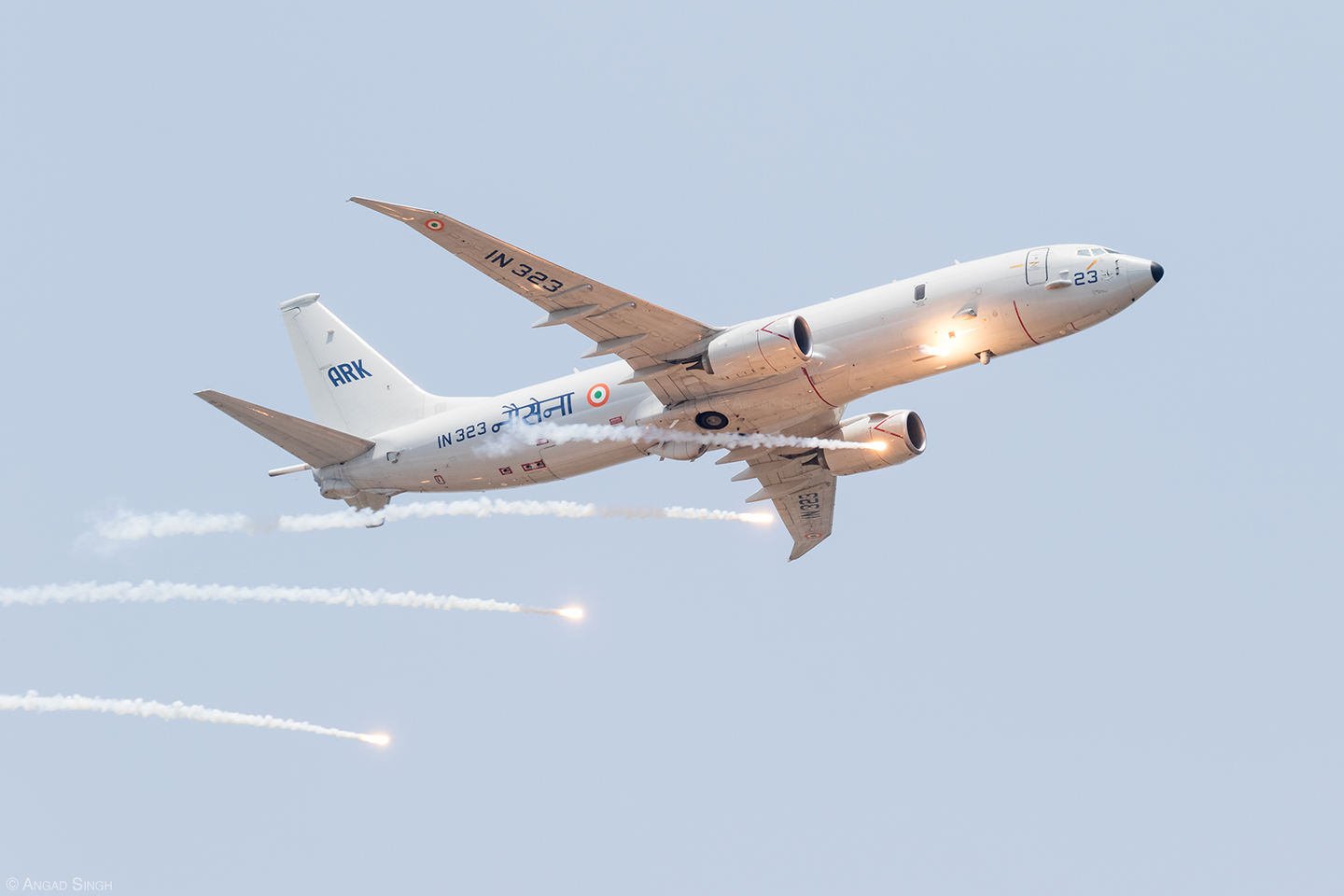 Marking the end of the Tupolev era, a P-8I flew over INS <em>Rajali</em> dispensing flares in March 2017. <em>Angad Singh</em>