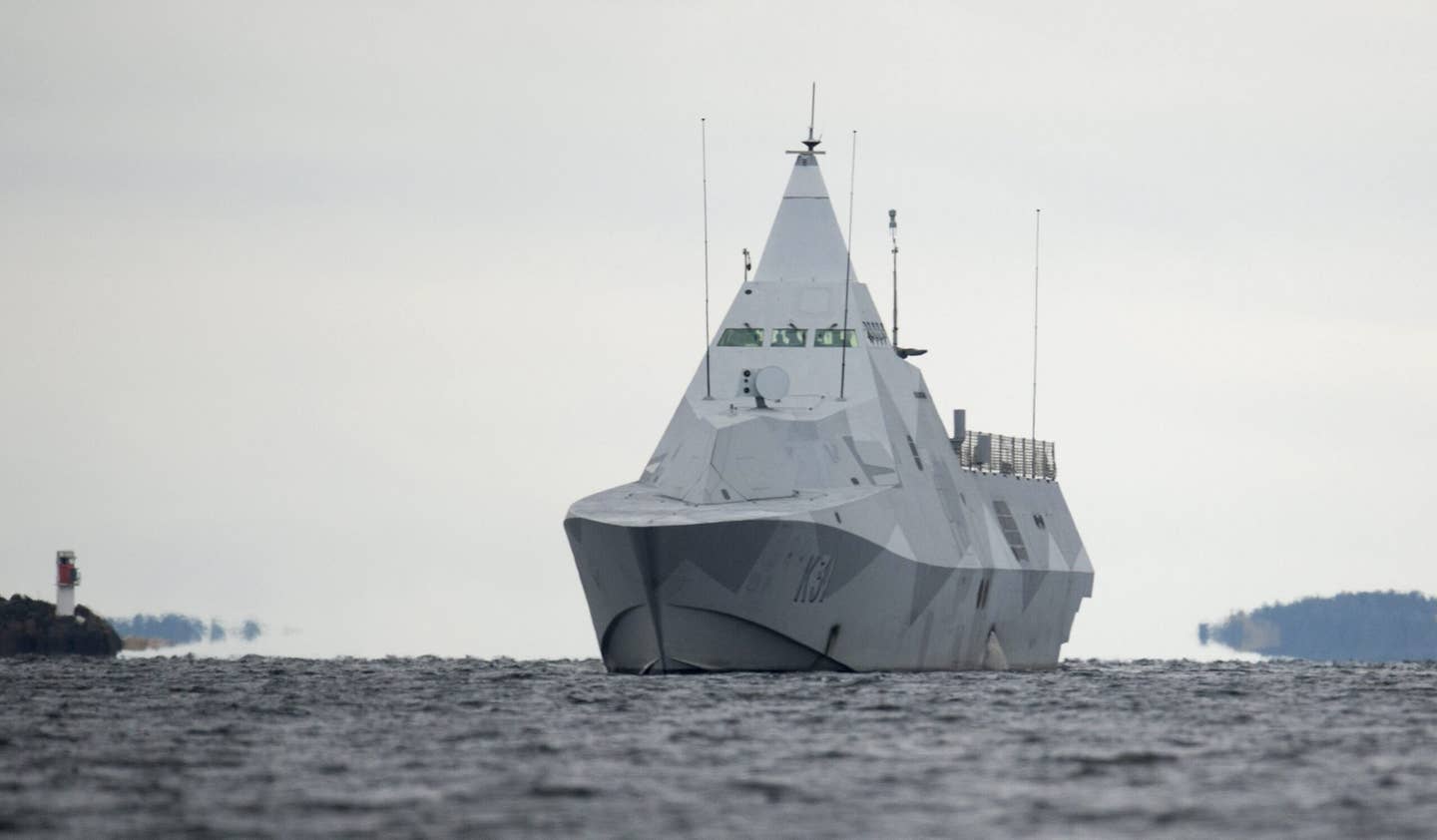 The Swedish corvette HSwMS <em>Visby</em> underway on the Mysingen Bay in Stockholm, Sweden, in October 2014. <em>FREDRIK SANDBERG/AFP via Getty Images</em>