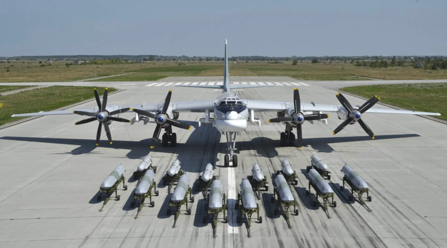 A Tu-95MS is shown with six Kh-55SMs and (nearest to the camera) eight Kh-101/102s. <em>Russian Ministry of Defense</em>