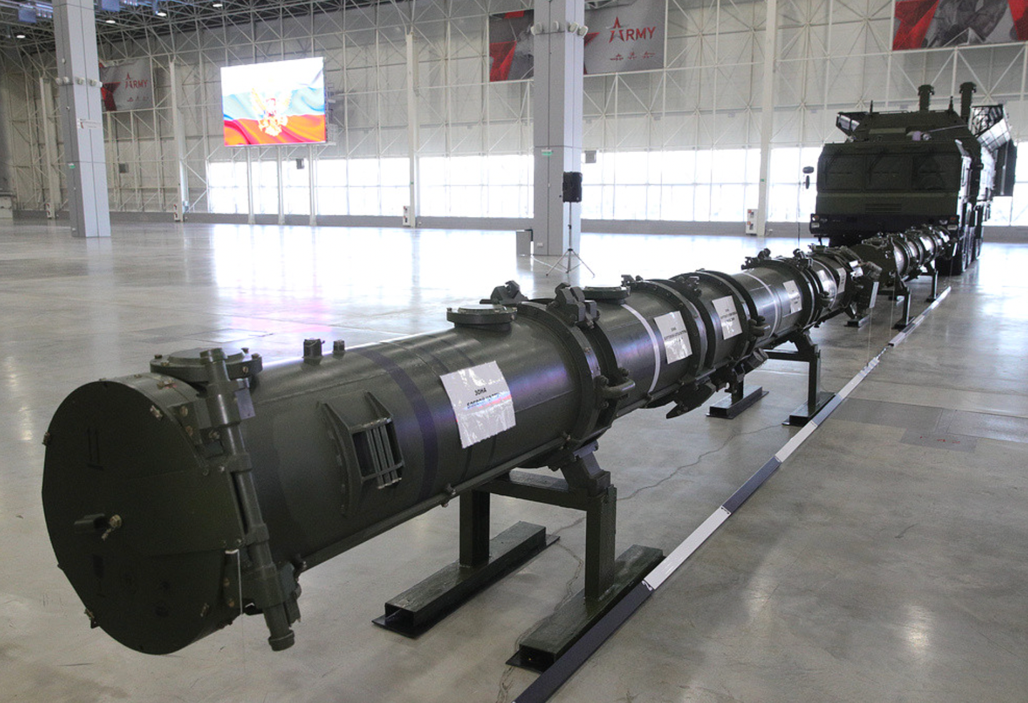 The launch canisters for the 9M729 missile and their associated TEL. <em>Sergei Bobylev/TASS</em>