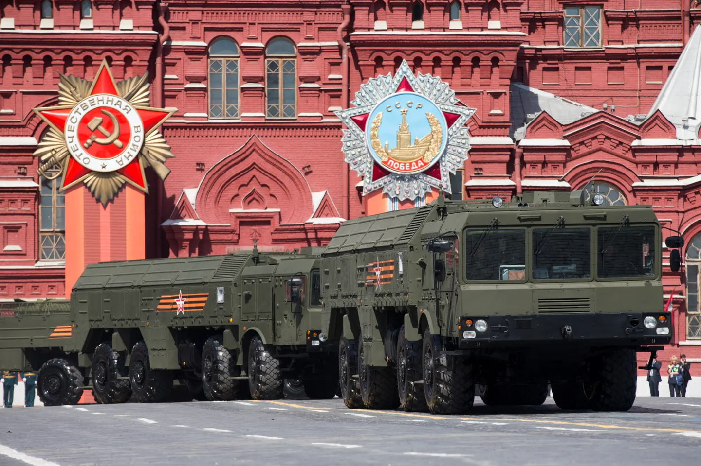 Iskander TEL vehicles drive through Red Square in Moscow during Victory Parade celebrations. <em>AP Photo/Alexander Zemlianichenko</em>