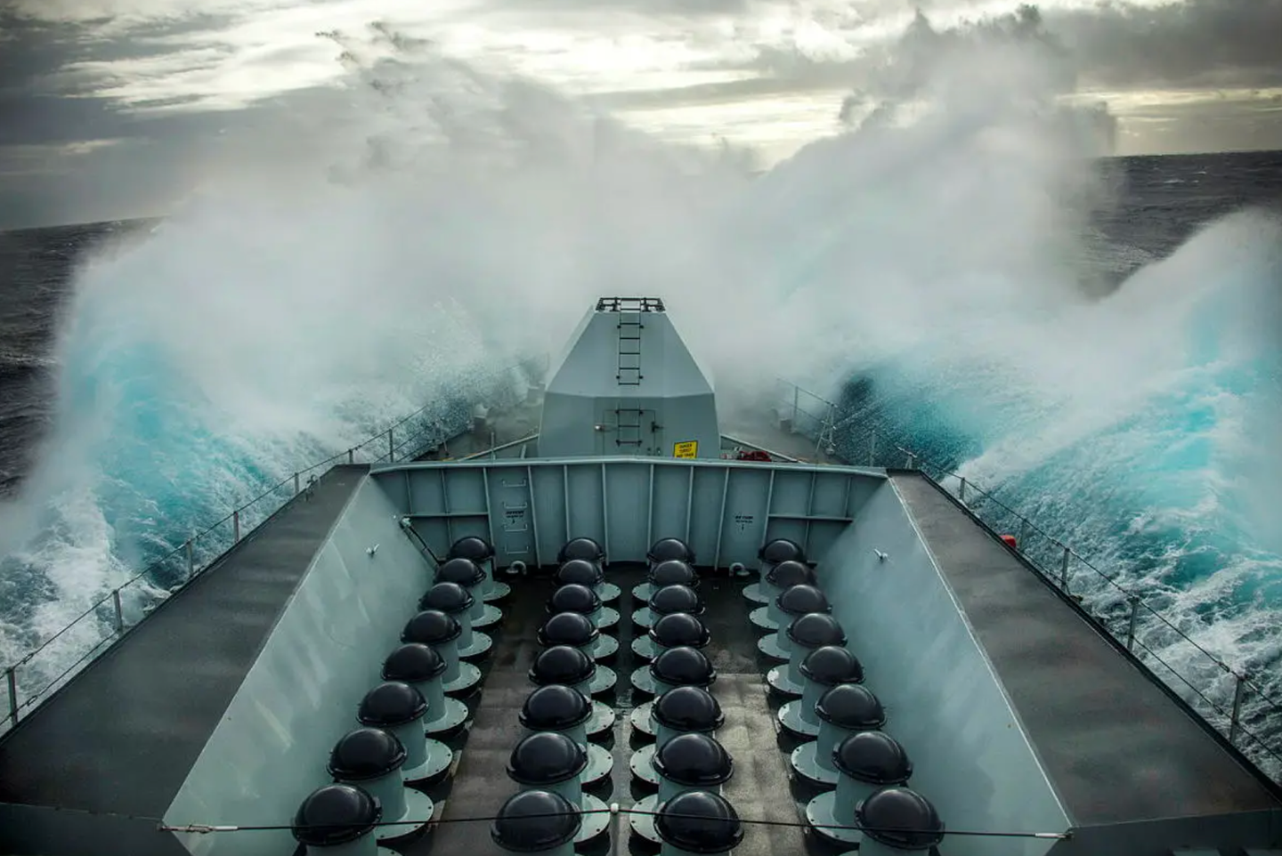 Launch cells for the Sea Ceptor system aboard the U.K. Royal Navy Type 23 frigate HMS <em>Lancaster</em>, transitting along the coast of Norway in March 2021. <em>Crown Copyright</em>