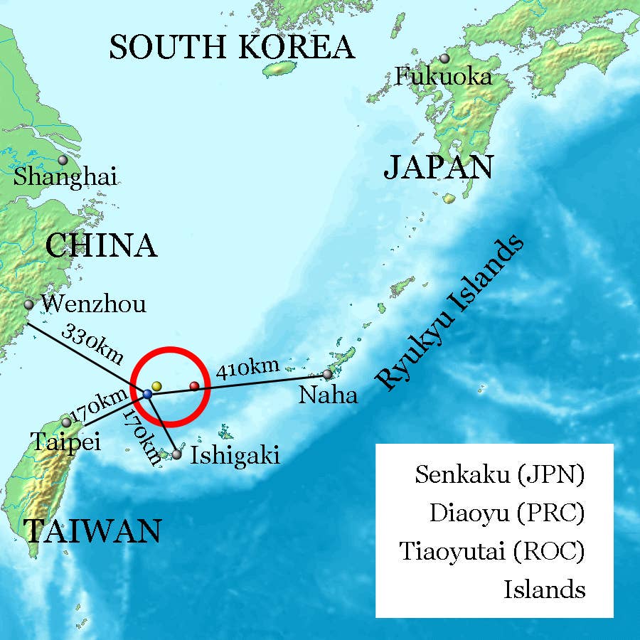 Location of the Senkaku Islands. Jackopoid via <em>Wikimedia Commons</em>, <em>CC-BY-SA-3.0-migrated</em>