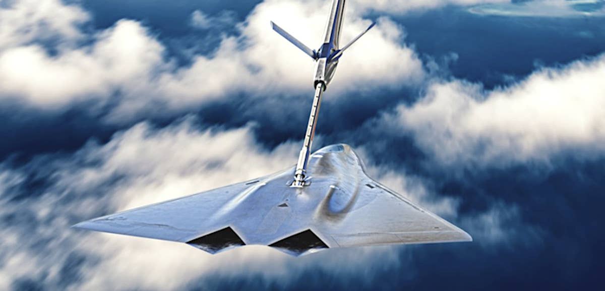 A Lockheed Martin rendering of a manned fighter from the NGAD ‘system of systems’ refueling from a tanker. <em>Lockheed Martin</em><br>