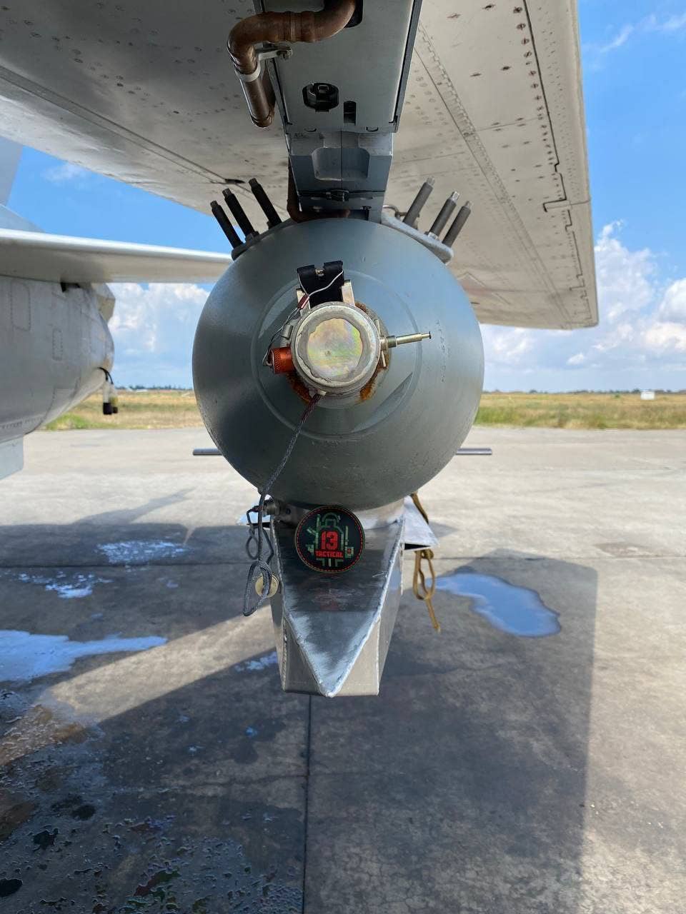 A FAB-500M-62 bomb with UMPK kit, loaded on a Su-24M Fencer strike aircraft, in July 2023. <em>Tactical Telegram channel</em>