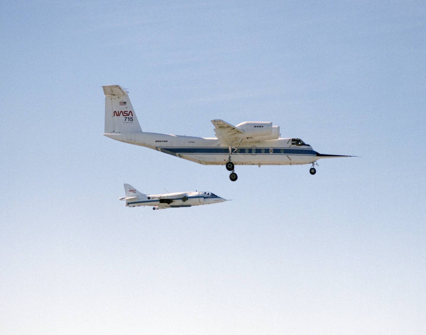 Few aircraft could match the low-speed flight characteristics of the QSRA. The NASA AV-8B Harrier II is one of those that could. <em>NASA</em>