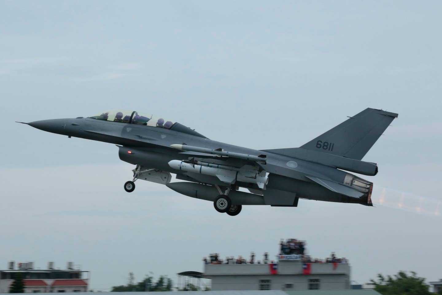 An upgraded two-seat F-16B of the ROCAF armed with Harpoon anti-ship missiles during an anti-invasion drill on a highway on May 28, 2019, in Chang-Hua, Taiwan. <em>Photo by Patrick Aventurier/Getty Images</em>