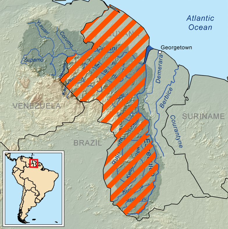 A map of Essequiba; the area shaded in orange is the area claimed by Venezuela. <em>Wikimedia Commons</em>