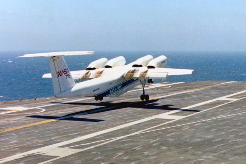 Another view of the QSRA onboard the USS <em>Kitty Hawk</em>. <em>NASA</em>