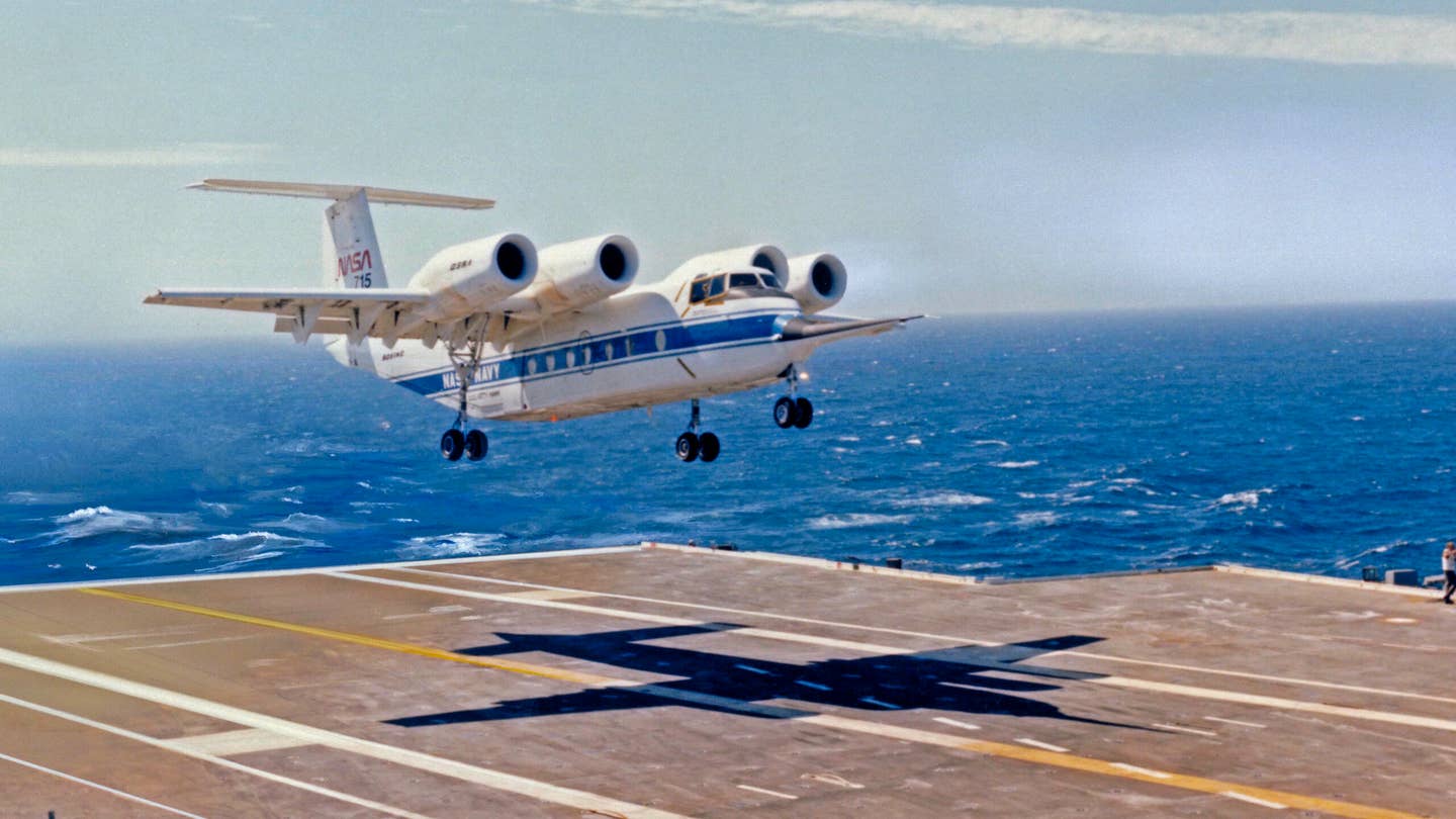 QSRA (NASA-715) carrier trials onboard Kitty Hawk off San Diego, CA (Quiet Short-Haul Aircraft is a modified C-8A)