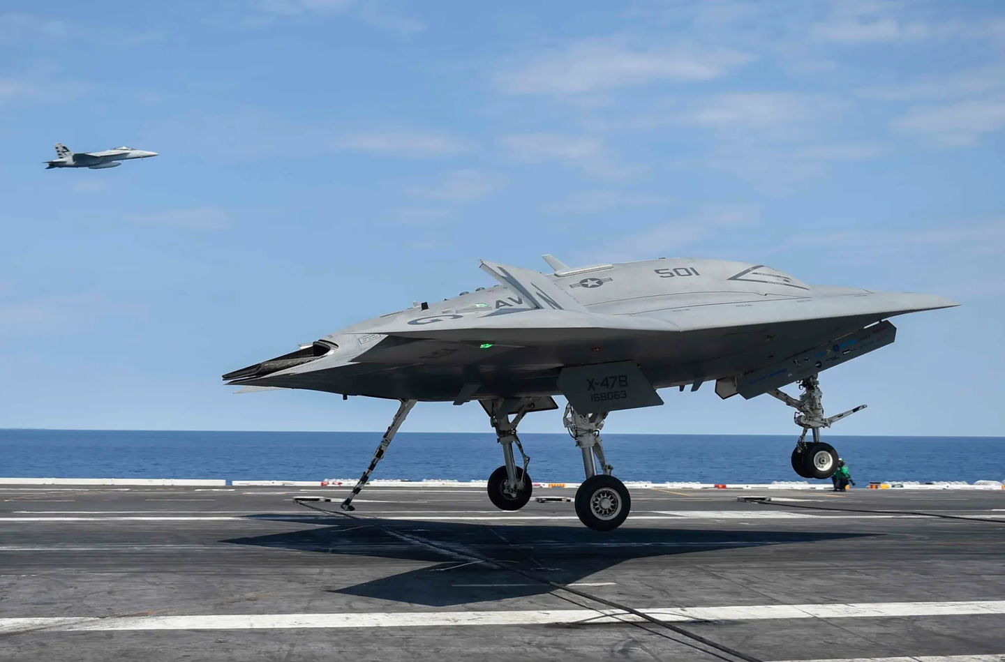 The Northrop Grumman X-47B demonstrator used for the abortive Unmanned Carrier-Launched Airborne Surveillance and Strike (UCLASS) program, which would have led to a final combat-ready design. <em>U.S. Navy</em>