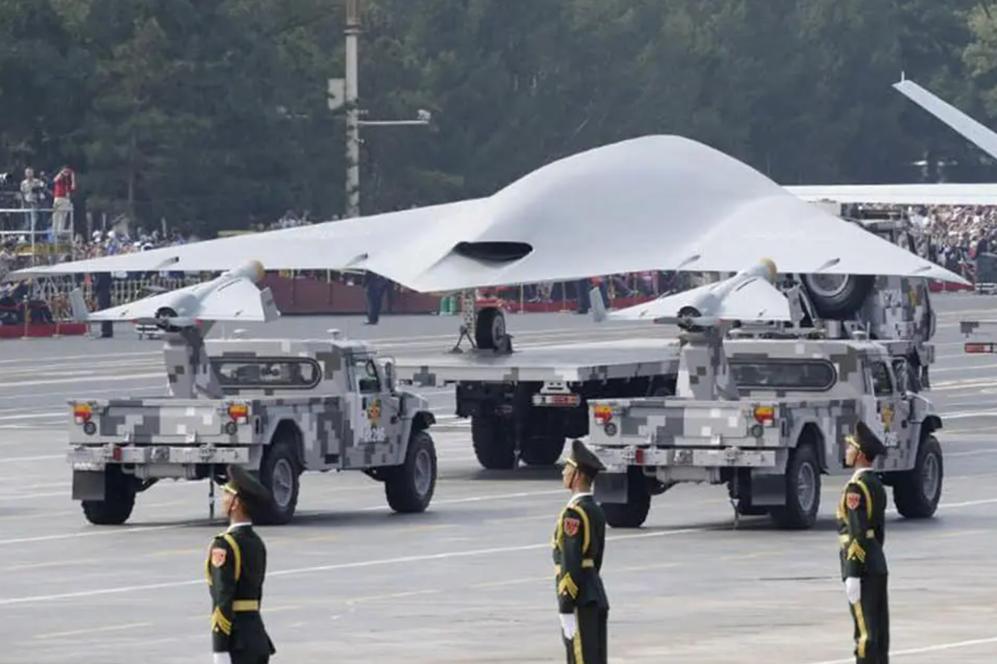 A rear view of the GJ-11 shows the stealthy exhaust and the faceted areas in the trailing edges of the wings. <em>China Military</em>