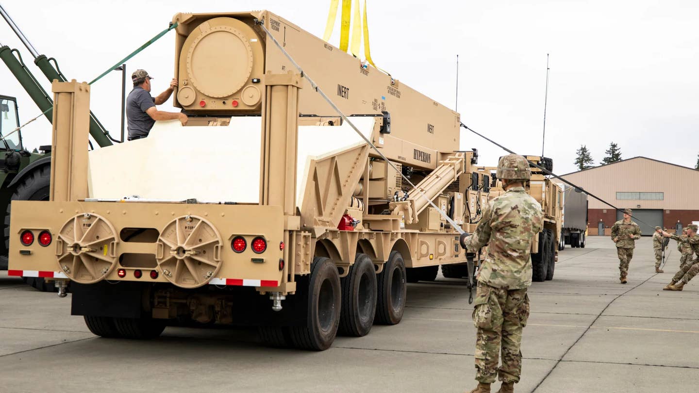 One of the first Dark Eagle launchers delivered to the US Army, loaded with an inert missile canister. <em>US Army</em>