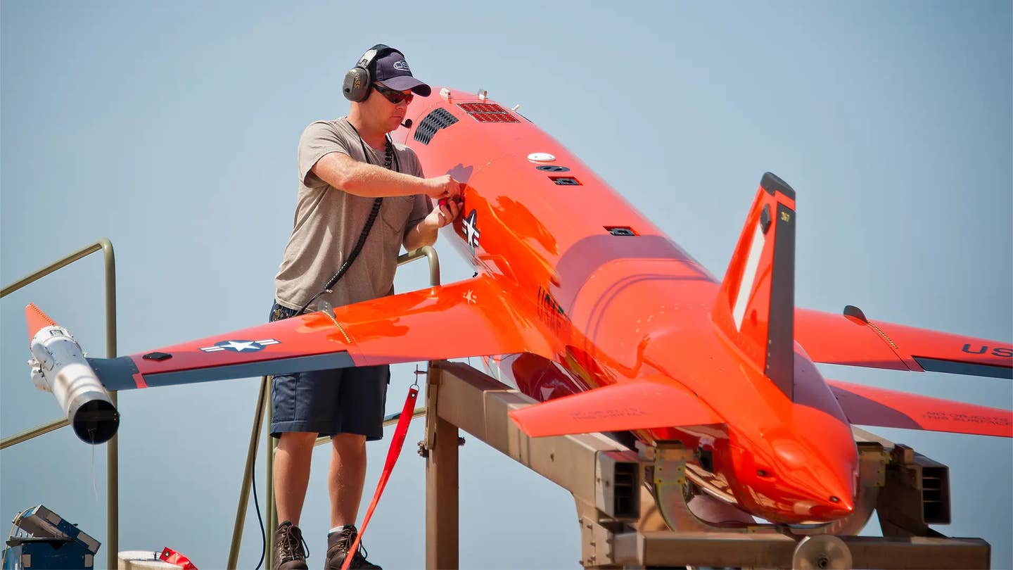 A BQM-167 target drone. Countermeasure dispensers are seen arrayed around the top of the nose section. <em>USAF</em>