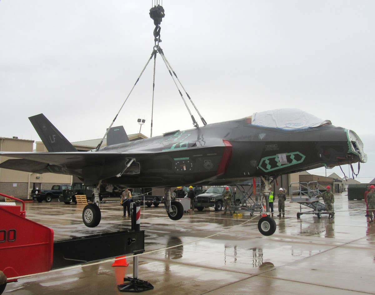 A damaged F-35A transformed into an Air Battle Damage and Repair (ABDR) trainer. <em>USAF</em>