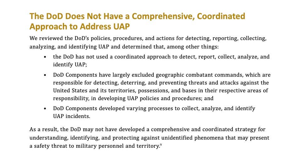 The Defense Department's Office of Inspector General slammed the Pentagon's efforts to coordinate response to UFO reports. (DOD OIG)