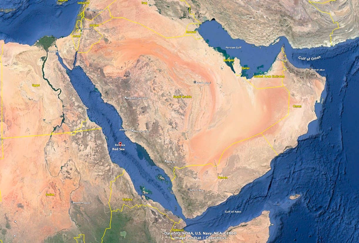 The Houthis launched their first uncrewed surface vessel (USV) in the Red Sea since the start of the Israel-Hamas war, a top U.S. Navy admiral said Thursday. (Google Earth image)