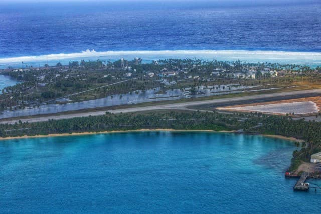 An aerial photo the morning of Jan. 21 shows extensive flooding in the central portion of Roi-Namur, which is the second-largest island of the Kwajalein Atoll in the Republic of the Marshall Islands. (Photo Credit: U.S. Army photo by Jessica Dambruch)