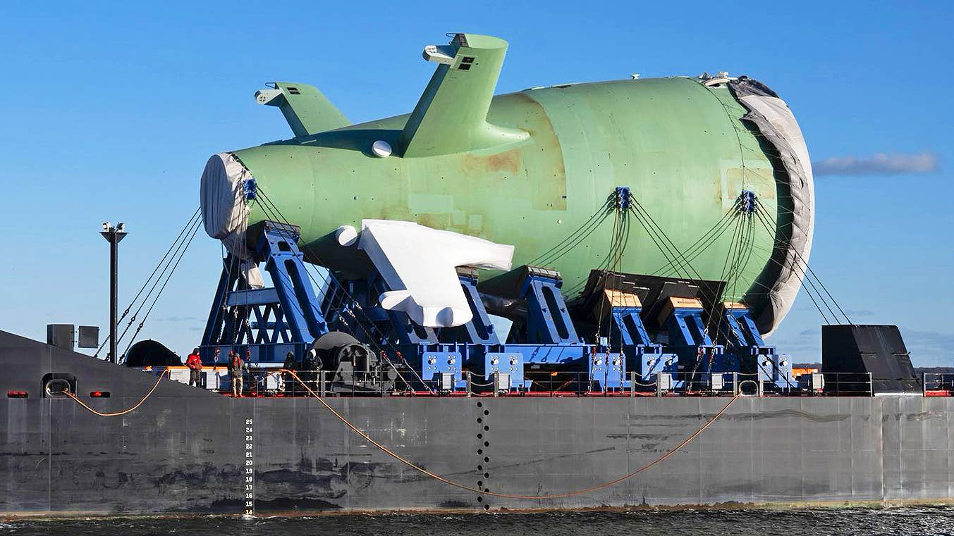 USS Columbia's X-shaped aft section seen on the move.