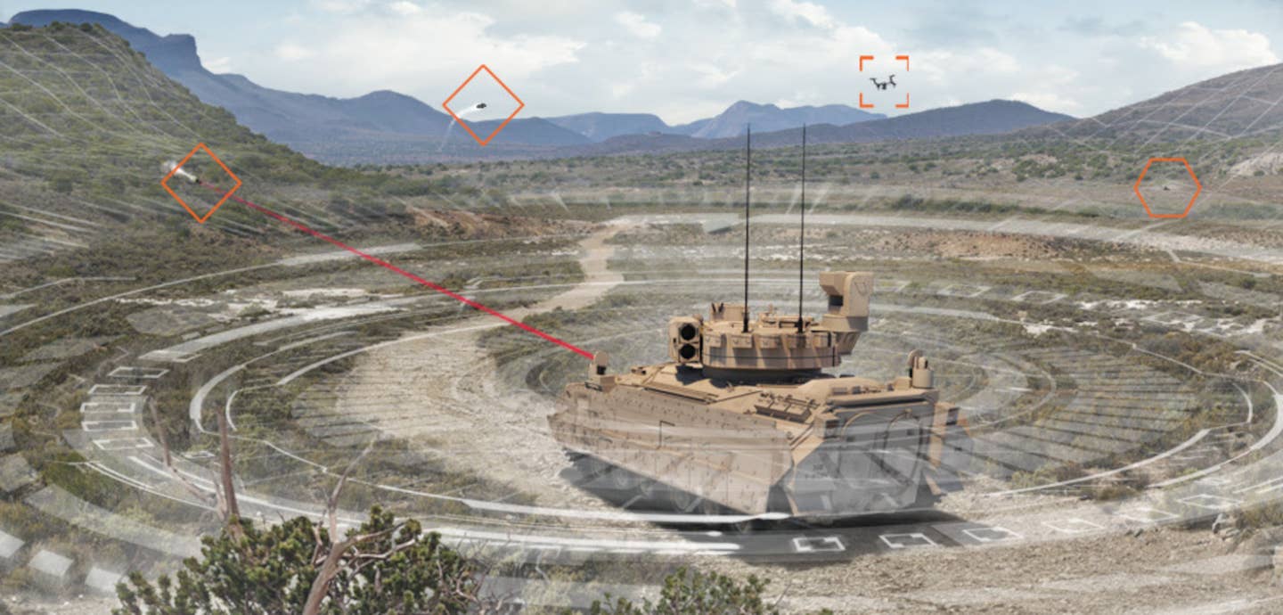 A rendering depicting a Bradley Fighting Vehicle equipped with BAE Systems Terra Raven, a soft-kill active protection system with a directional infrared countermeasures system as its effector, engaging various threats, including a small drone. <em>BAE Systems</em>