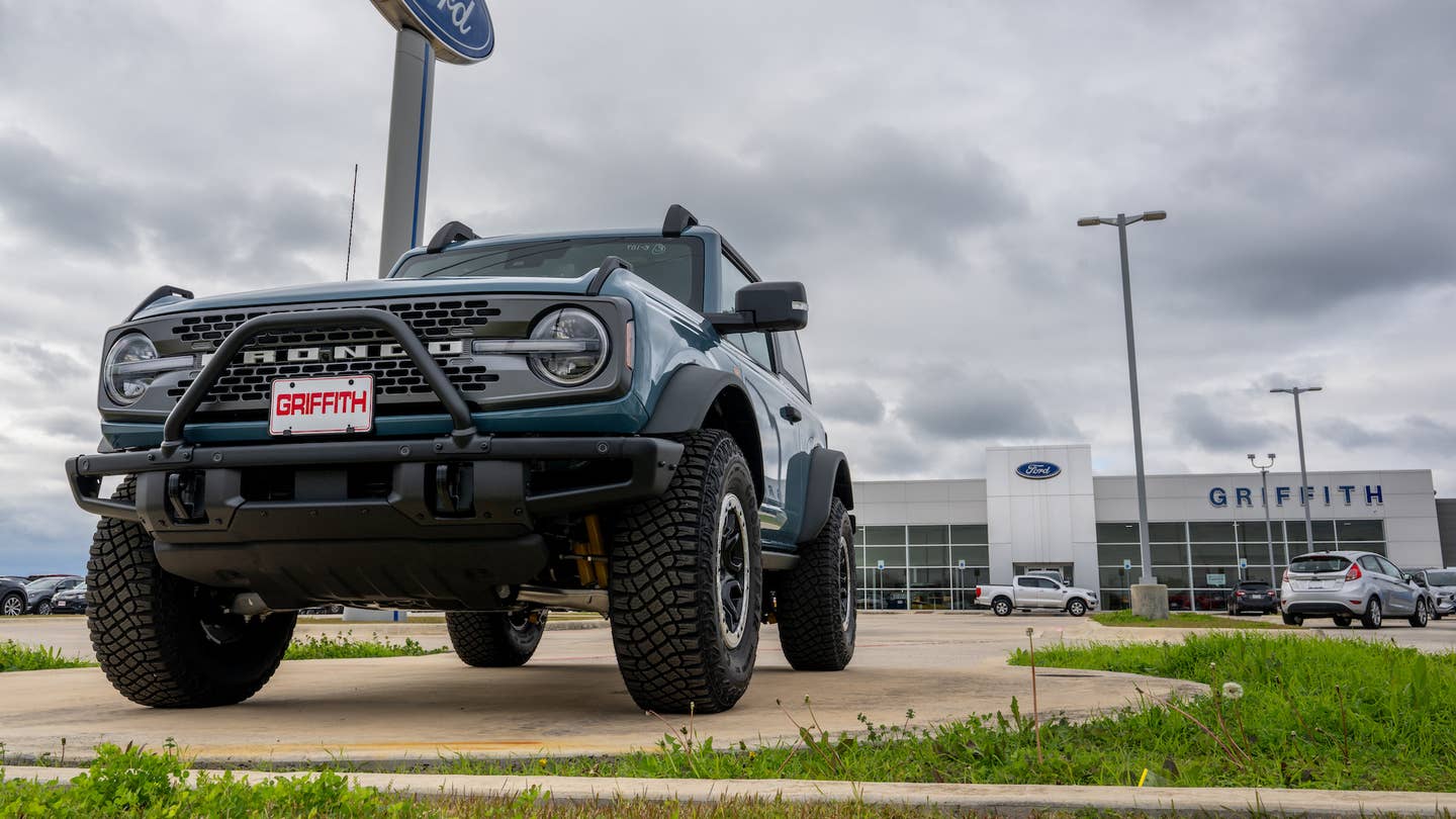 SAN MARCOS, TEXAS - JANUARY 03: A Ford Bronco is seen for sale on the Griffith Ford dealership lot on January 03, 2024 in San Marcos, Texas. Auto sales rose sharply within the first nine months of 2023, leading to an increase in double-digit percentages. The shortage was due to low inventory levels, supply chain hiccups and labor disruptions throughout the COVID-19 pandemic, and the increase is being attributed to an excess in demand and greater availability on dealership lots. (Photo by Brandon Bell/Getty Images)