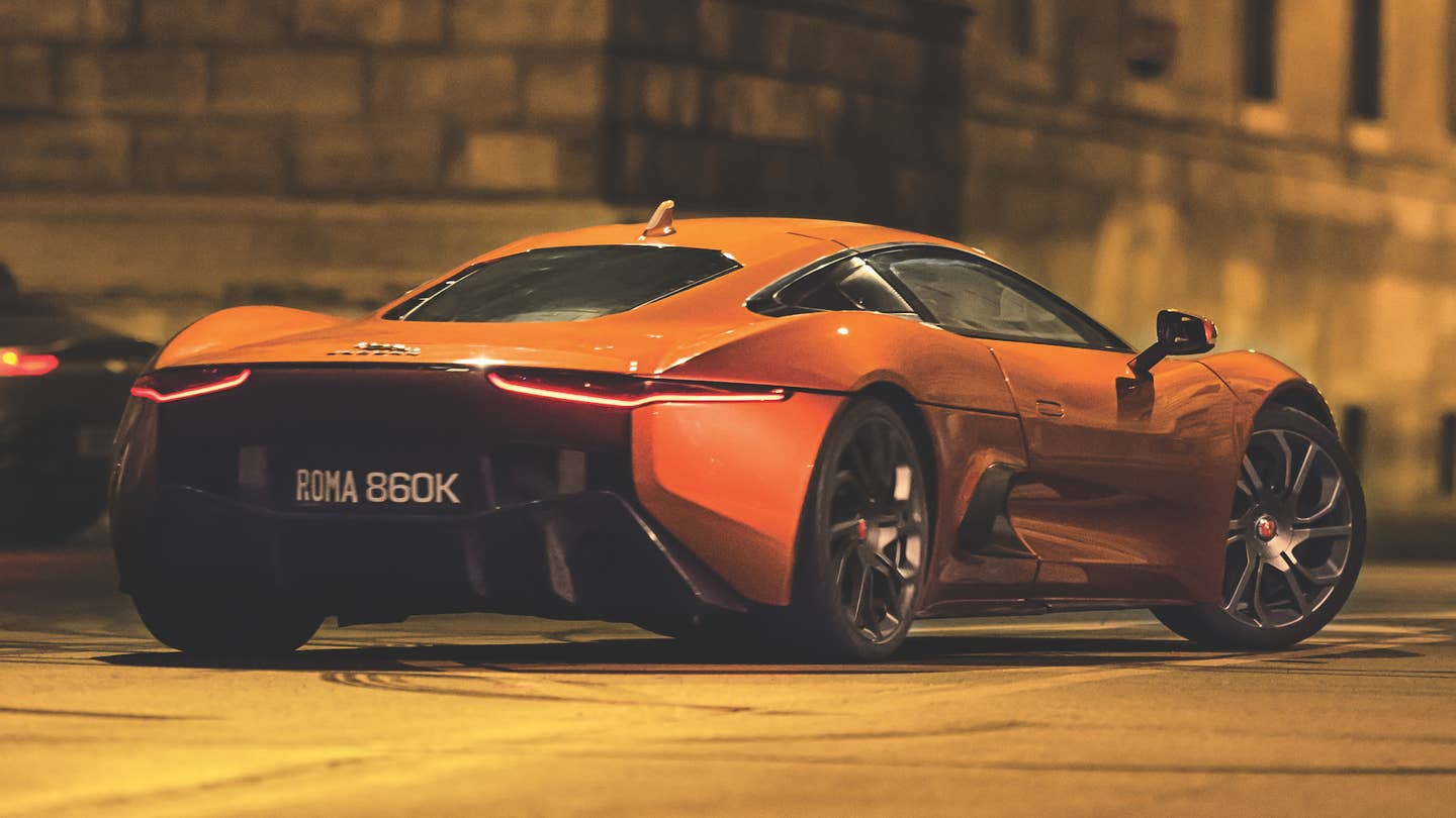 Hinx's Jaguar chasing Bond's Aston on the Corso Vittorio in Rome. Movie car circa 2015.