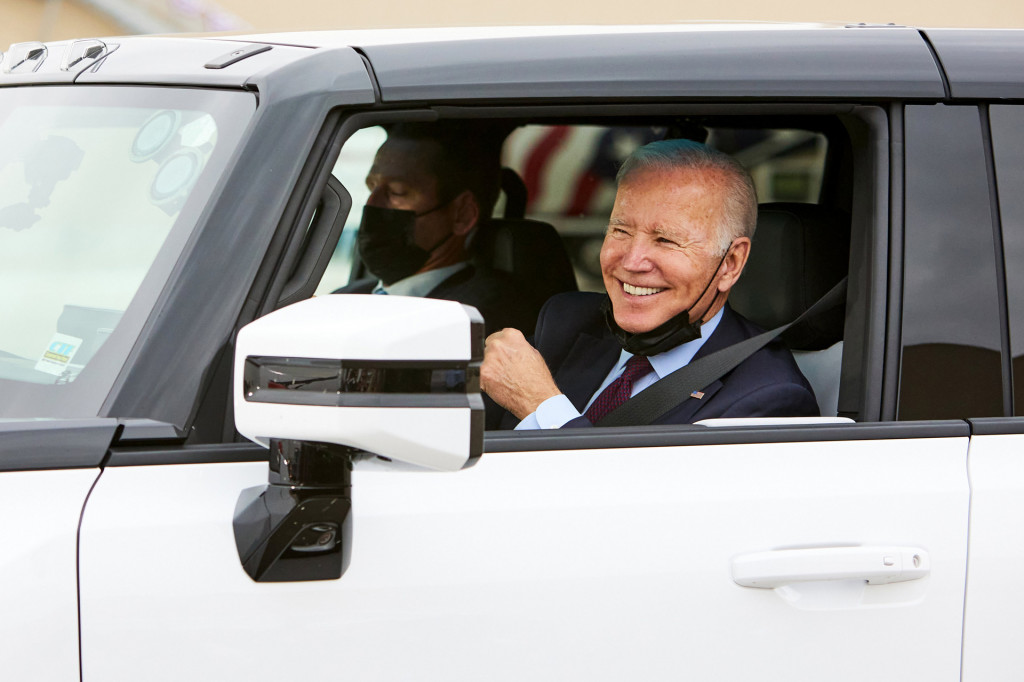 President Joe Biden with the 2022 GMC Hummer EV