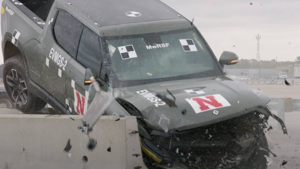 Watch a 7,000-LB Rivian R1T Destroy a Guardrail in Eyebrow-Raising Test