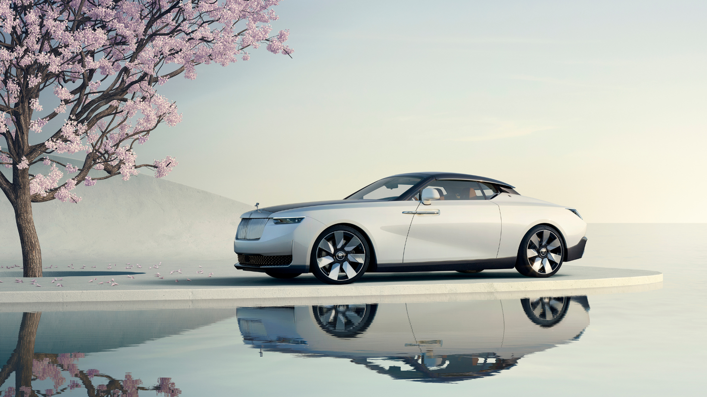 white car and reflection by cherry tree