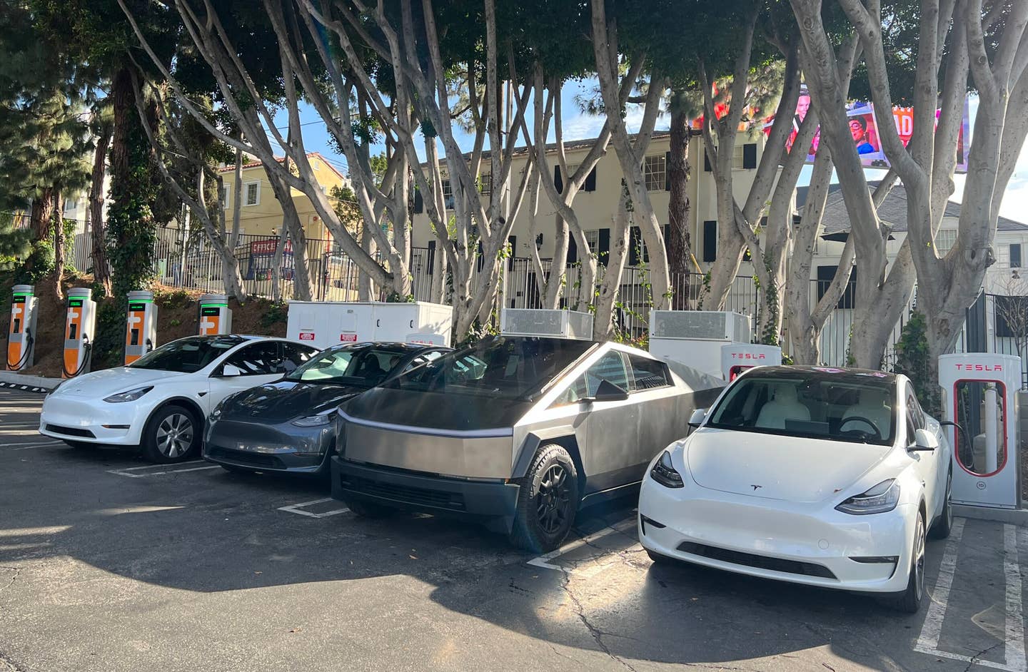 The Cybertruck really does look like an artifact from another planet at a Tesla Supercharger. <em>Maddox Kay</em>