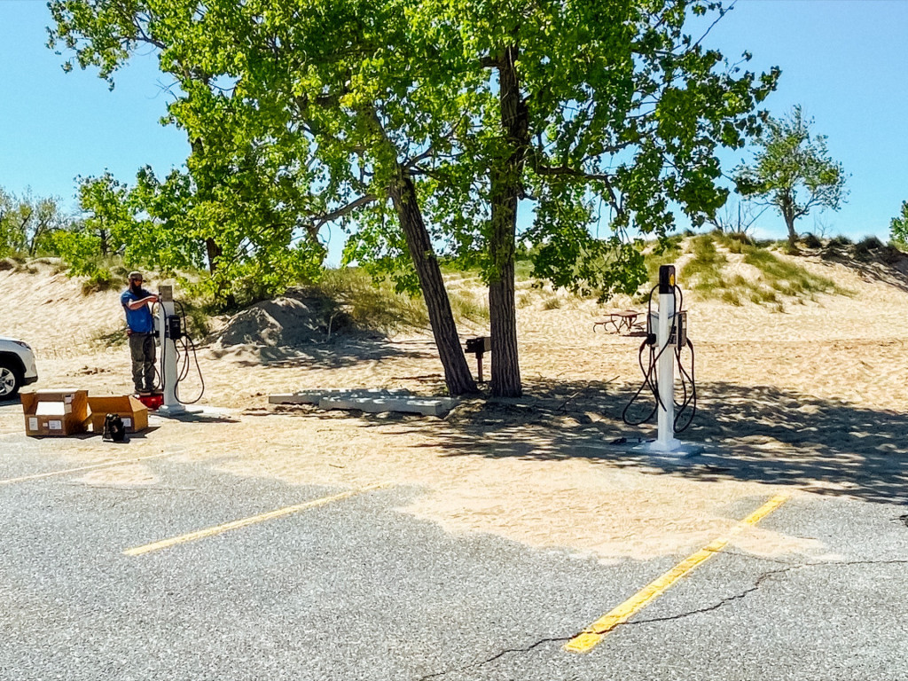 Rivian Waypoints chargers at Holland State Park, MI - Photo by Diane Dawson Wilks, c/o Michigan DNR